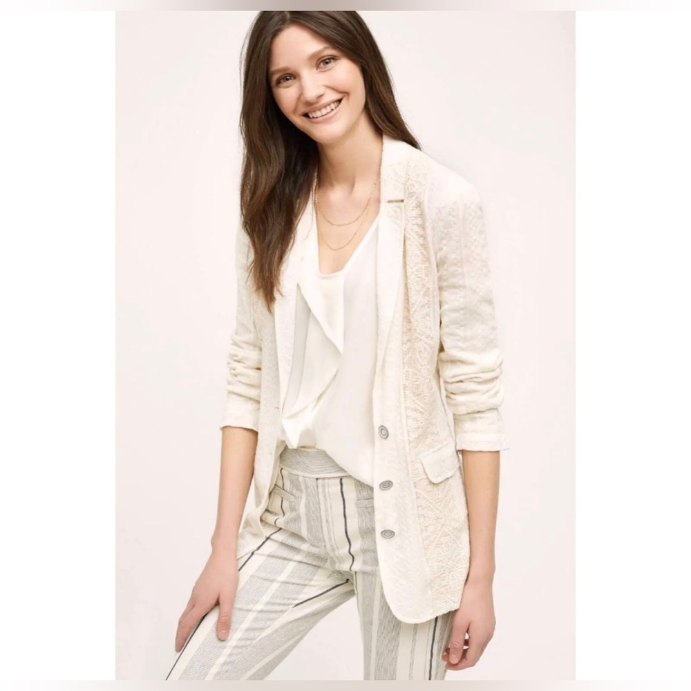 Anthropologie Cartonnier Lupe Lace and Swiss Dot Blazer Jacket cream size XS